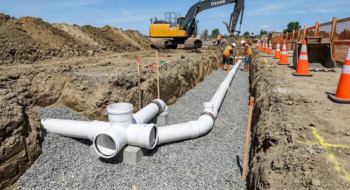 New PVC sewer pipe installation in open trench for Sewer Backup in Battle Ground