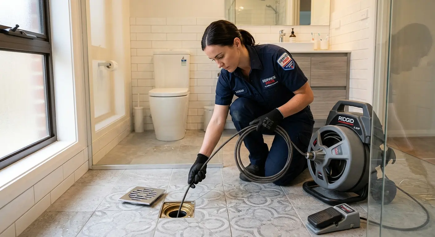 Technician clearing a bathroom floor drain for Drain Cleaning in Battle Ground